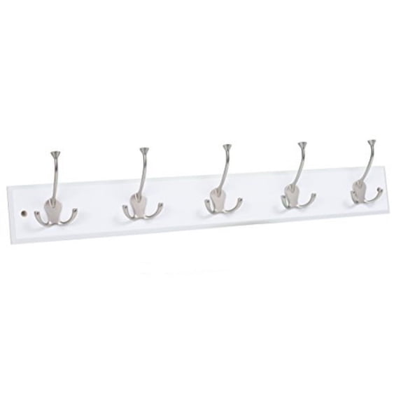 BirdRock Home Tri Hook Coat Rack with 5 satin nickel hooks, white finish wall mount hat rack