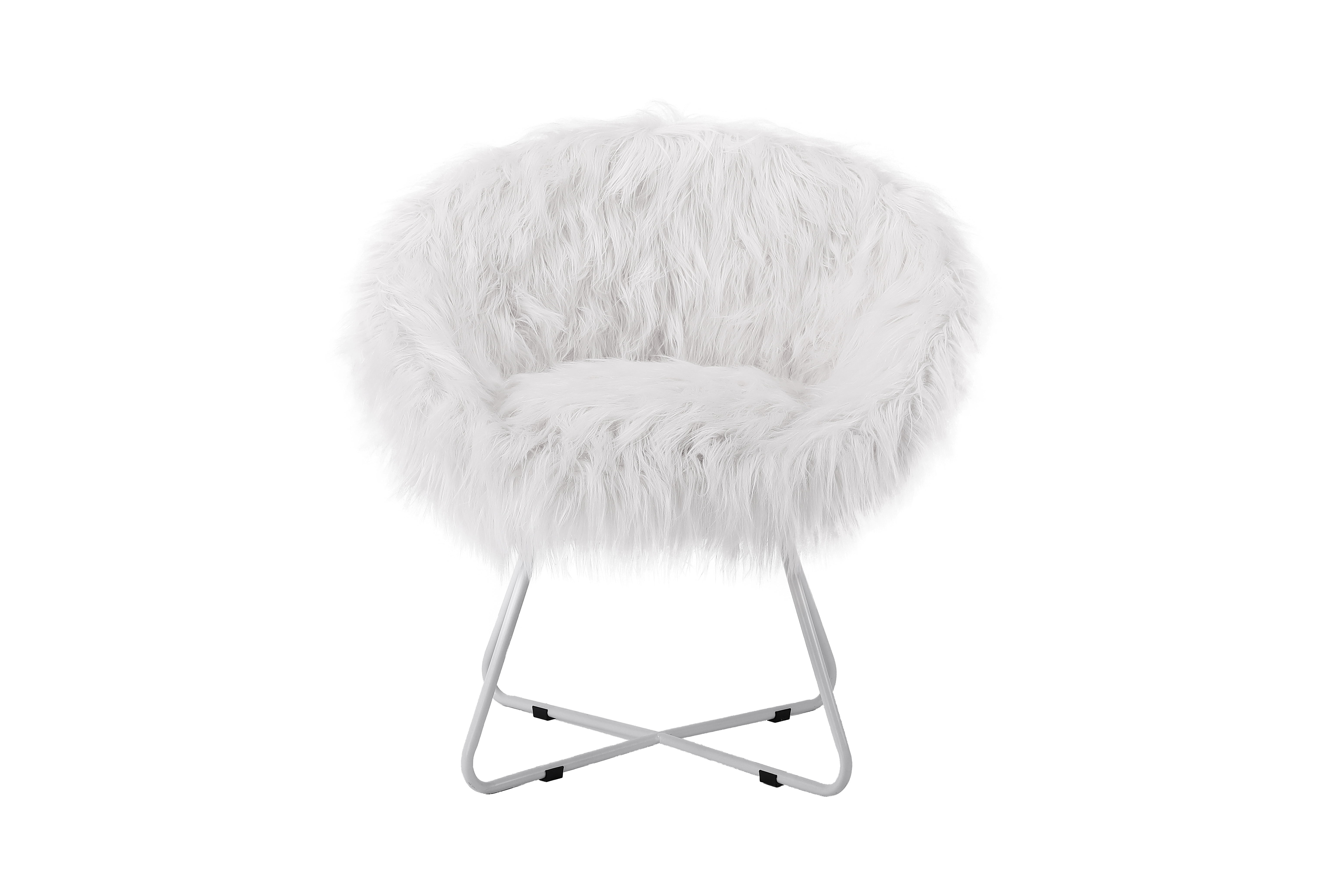 White Faux Fur Papasan Chair with Silver Metal Legs