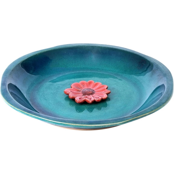 Birdbath Ceramic Bowl Decor for Bee Bird Bath Outdoor Garden Vintage Yard,Blue with Red Flower