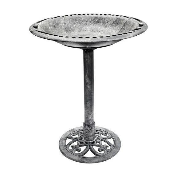 Birdbath Stone Grey 28" Height Pedestal Bird Bath Antique Outdoor Garden Vintage Yard Art Resin Fleur de lis Decoration Accents