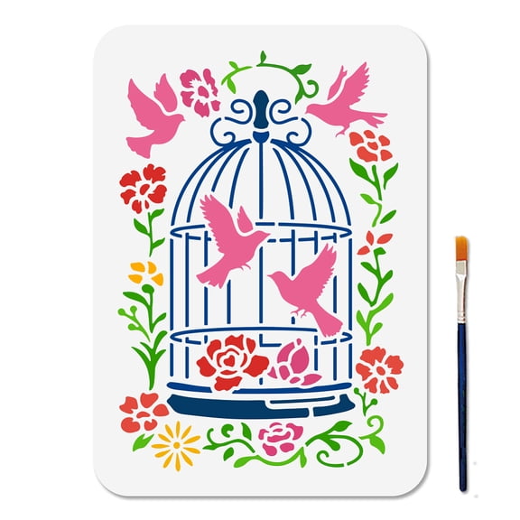 Birdcage Dove Flower Stencil Vintage Bird Flower Vine Stencils 11.7x8.3inch Reusable Doves Rose Template with Paint Brush for Crafting