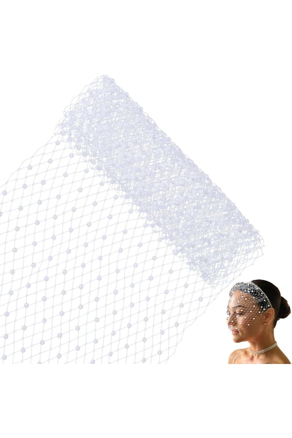 Birdcage Veil Netting Fabric 1m x 25cm White Pearl Bead Mesh Fascinator Millinery French Organza Rhombus Ball Tulle Headband Bride Hair Net Headdress Hat Veil for Women Wedding Tea Party White