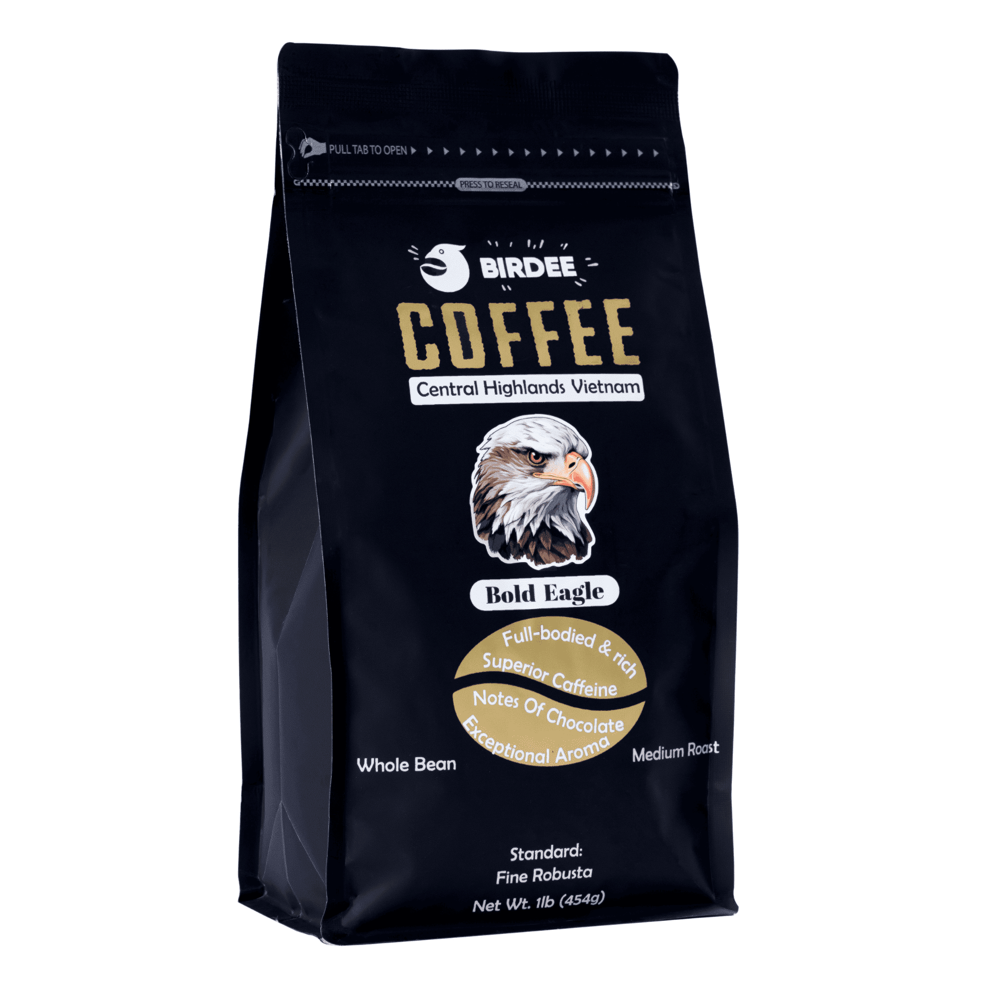 Birdee Vietnamese Coffee – 1 LB, Medium Roast Whole Bean, 100% Robusta, Hand-Picked, Resealable Bag, Smooth Flavor, Low Acid, High Caffeine