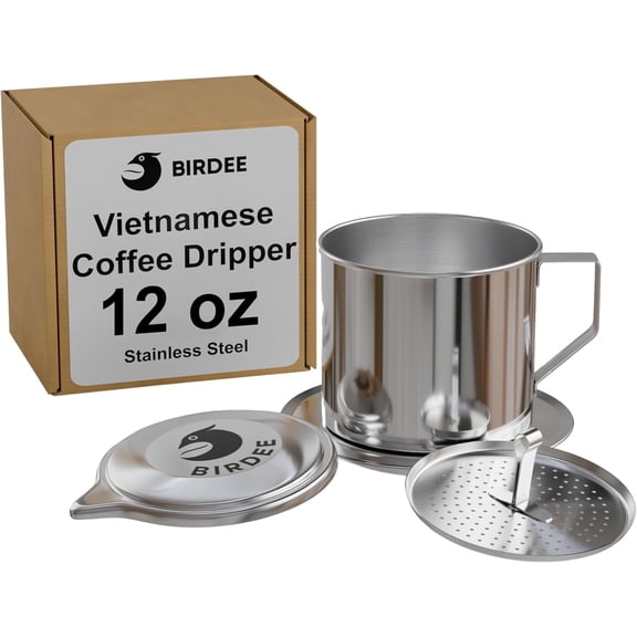 Birdee Vietnamese Coffee Dripper - 12 oz, Stainless Steel, Large Phin Filter, Durable, Dishwasher Safe, Home Use, Travel, Camping, Gift Sets