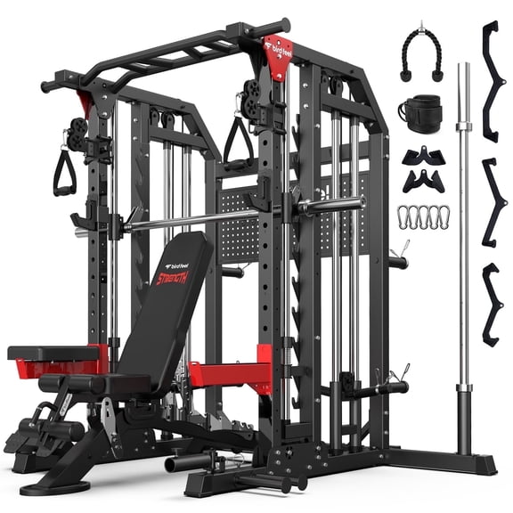 HASIMAN Pro Smith Machine with Cable Crossover System, Home Gym Multi-Function Squat Rack Power Cage, Power Rack and Packages with Weight Bench Strength Training Pegboard