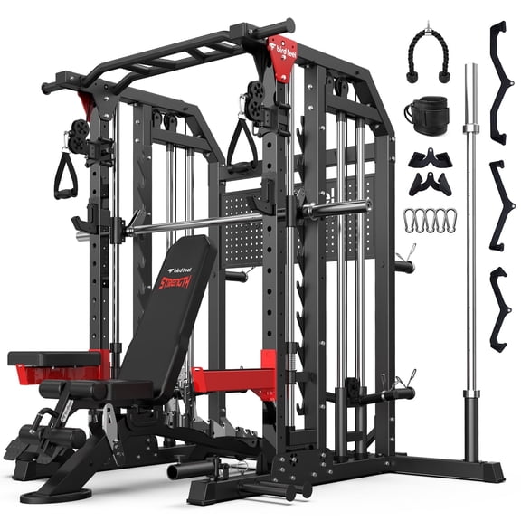 Multi-Function 2000LB Smith Machine Power Cage, Home Gym Squat Rack Featuring LAT Pulldown, Dual Pulley Cable Crossover, Gym-Quality Power Rack with Strength Training Attachments, Pegboard