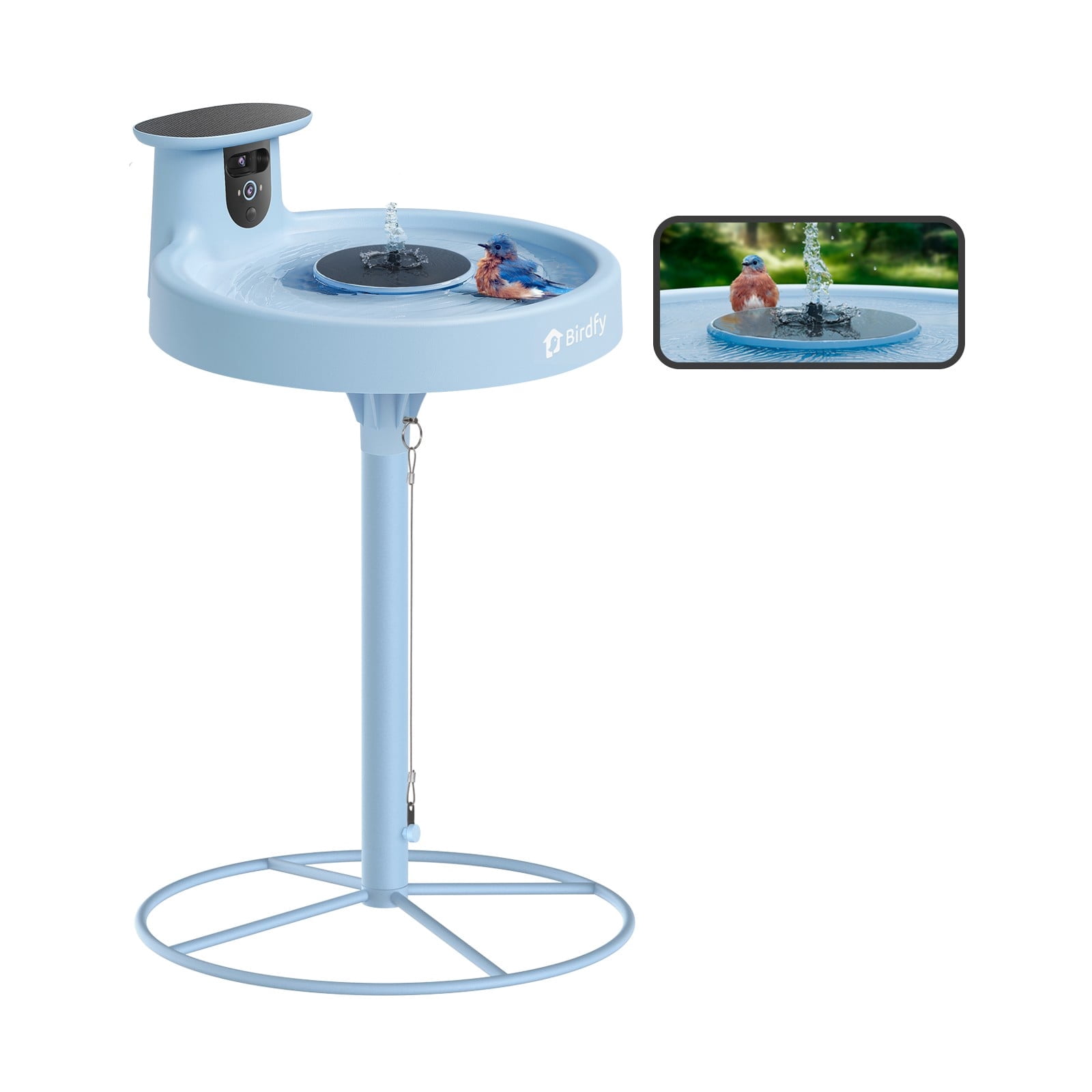 Birdfy Bird Bath with Camera, Solar Powered, Round Pond Fountain, 1080P HD Bird Camera Auto Capture Bird Bath Videos, Blue