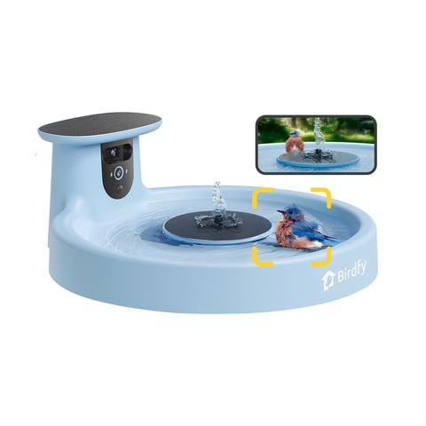 Birdfy Bird Bath with Camera, Solar Powered, Round Pond Fountain, 1080P HD Bird Camera Auto Capture Bird Bath Videos, Blue