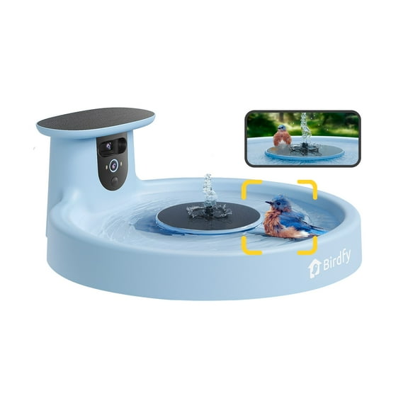 Birdfy Bird Bath with Camera, Solar Powered, Round Pond Fountain, 1080P HD Bird Camera Auto Capture Bird Bath Videos, Blue