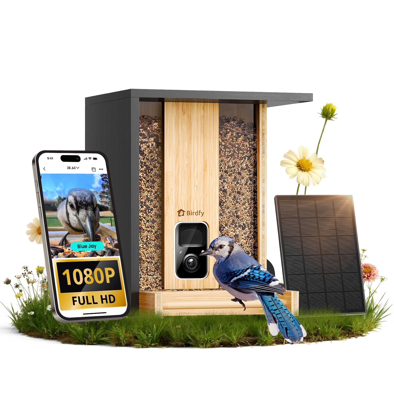 Birdfy Bird Feeder with Camera, Auto Capture Birds & Notify in Time, Powerful AI Recognition, Bamboo Wood Bird Feeder Camera, Ideal Present Gift