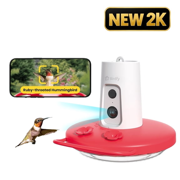 Birdfy Ruby Hummingbird Feeder with Camera, 2K HD Smart Hummingbird Feeder with AI Bird Identification, 2.4GHz & 5GHz WiFi, 9000mAh Battery, IP66 Waterproof, Bird Watching Gift