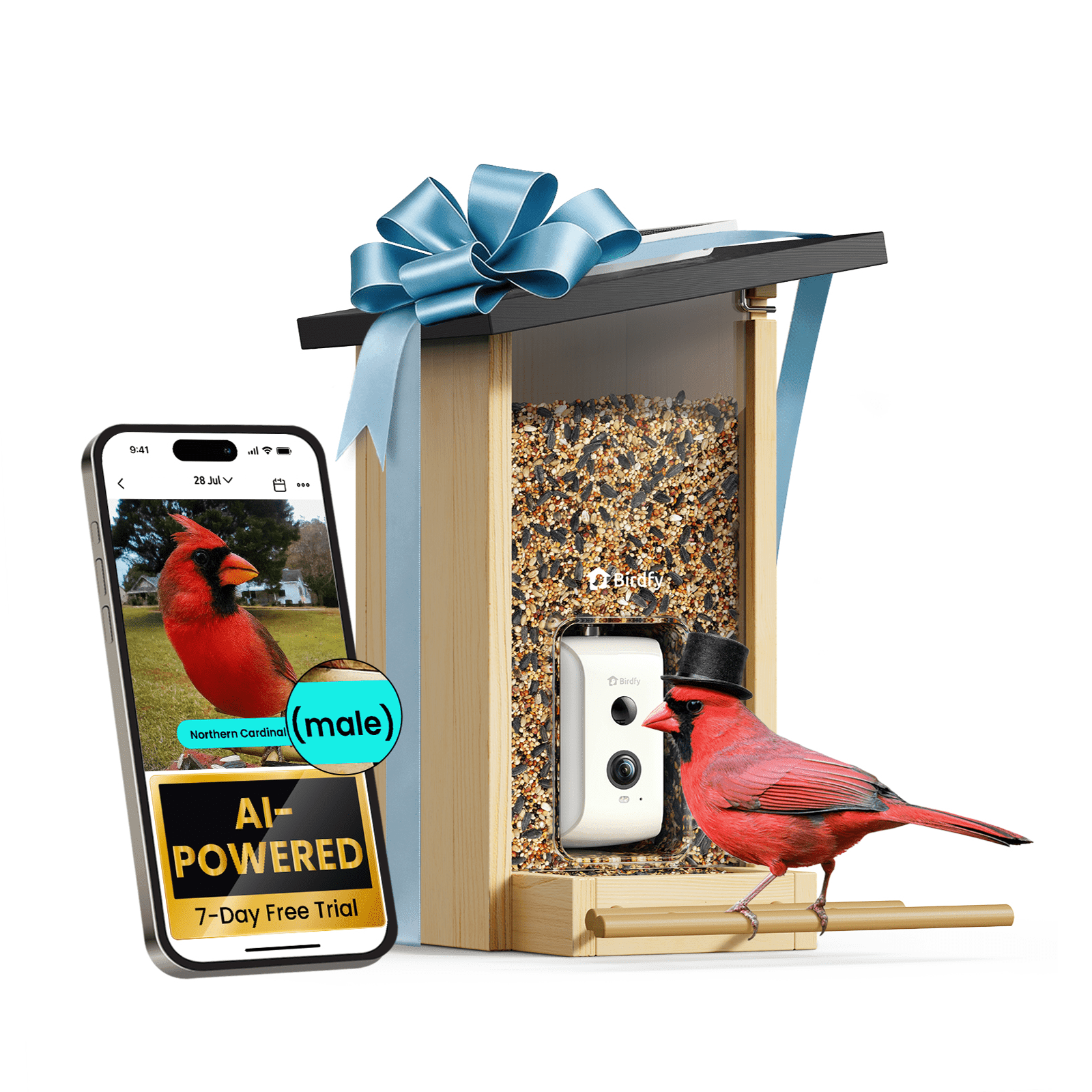 Birdfy Smart Bird Feeder with Camera, Bird Watching Camera with Solar Panel, AI Identify 6000+ Species, Eco-friendly Wooden, Ideal Gift, Ebony