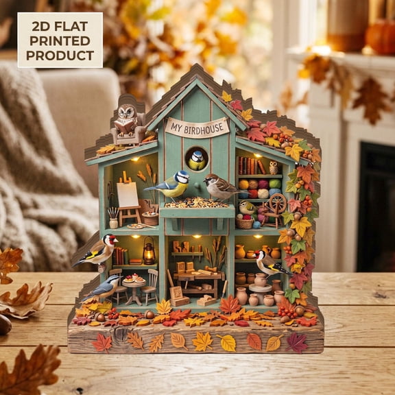 Birdhouse 2D FLAT Wooden Block, Autumn Bird Cottage Shelf Sitter, Fall Woodland Decor,Rustic Farmhouse Accent,Nature Lover Gift