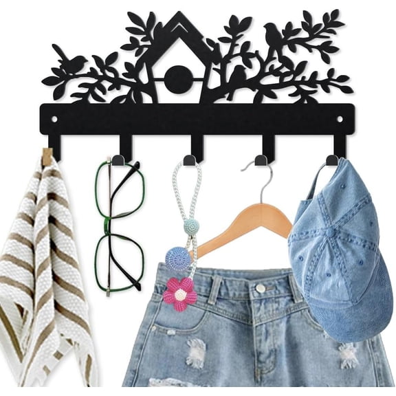 Birdhouse Bird Branch Key Hook for Wall Tree Branches Leaves Metal Coat Rack 9.84.7inch Birds Animal Nest Black Key Holder with 5 Hooks for Gift Kitchen Bedroom Home Decor colorful