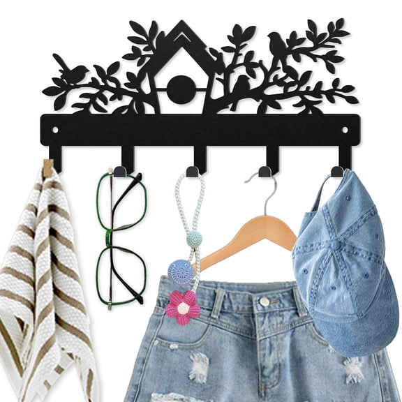 Birdhouse Bird Branch Key Hook for Wall Tree Branches Leaves Metal Coat Rack 9.84.7inch Birds Animal Nest Black Key Holder