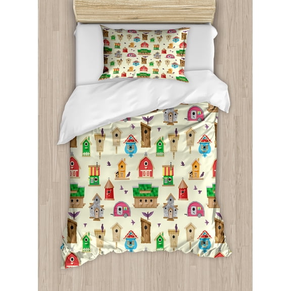 Birdhouse Duvet Cover Set, Human Made Bird Nest Wooden Houses of Various Types Colorful Illustraiton, Decorative 2 Piece Bedding Set with 1 Pillow Shams, Twin Size, Cream Multicolor, by Ambesonne