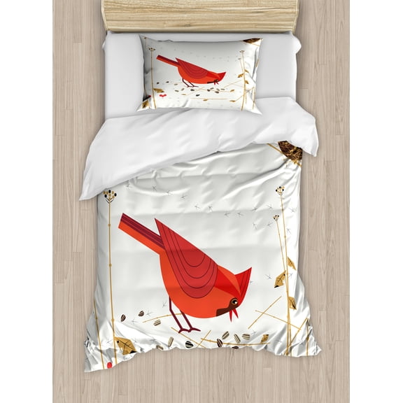 Birdhouse Duvet Cover Set, Red Cardinal Autumnal Leaves Rowan Berries Pattern, Decorative 2 Piece Bedding Set with 1 Pillow Shams, Twin Size, Coffee Vermilion, by Ambesonne