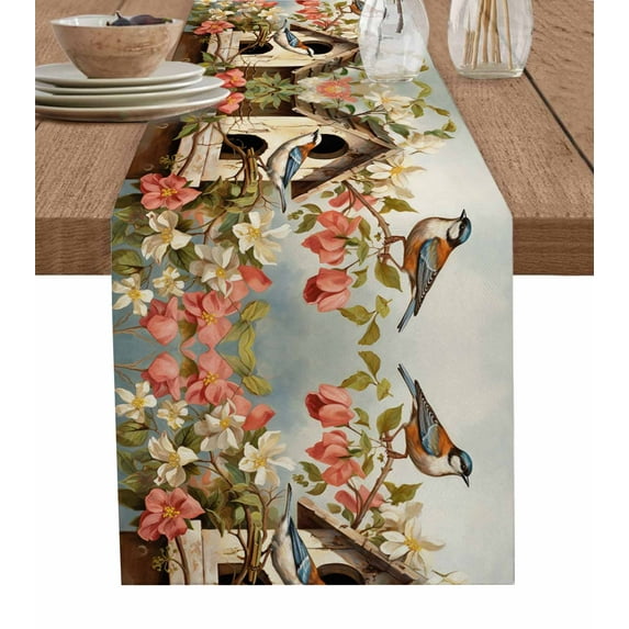 Birdhouse Flower, Table Runner - 70 Inch Long, Kitchen Dining Table Runner Dresser Scarves, Farmhouse Rustic Green Botanical Leaves Farmhouse Home Decor for Coffee Table Wedding Party Banquet