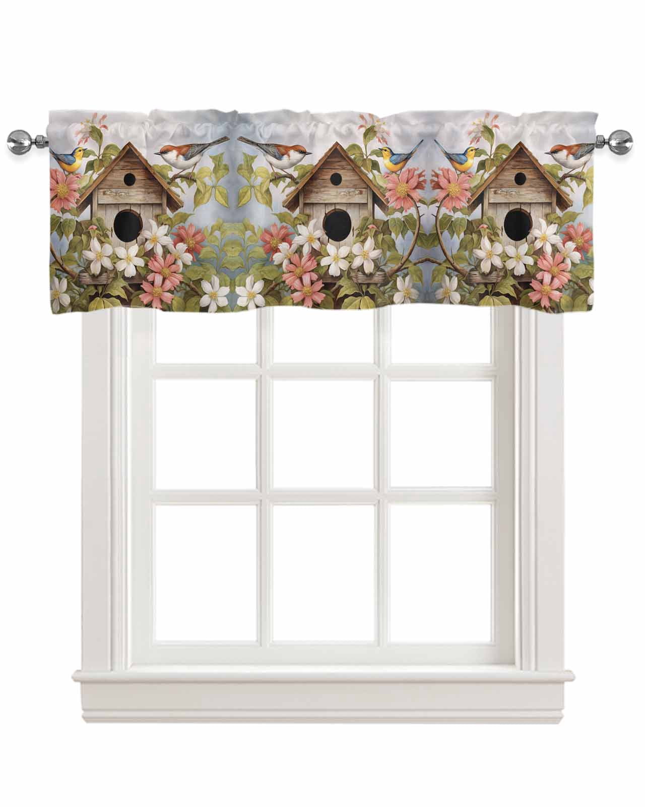 Birdhouse Linen Curtain Valance for Bedroom/Bathroom/Kitchen/Office/Living/Dining Room Window,Farmhouse Leaves Country Vintage Animal Rod Pocket Topper Decorative Cafe Drapes Panel 54"x18"