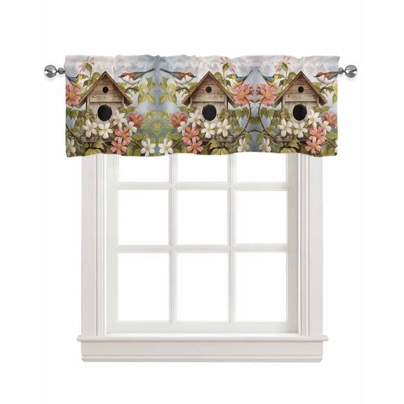 Birdhouse Linen Curtain Valance for Bedroom/Bathroom/Kitchen/Office/Living/Dining Room Window,Farmhouse Leaves Country Vintage Animal Rod Pocket Topper Decorative Cafe Drapes Panel 42"x12"