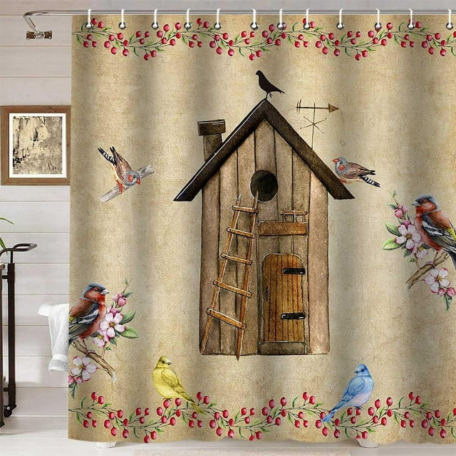 Birdhouse Shower Curtain, Colorful Bird Shower Curtain, Vintage