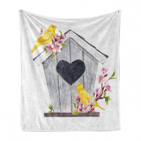 Birdhouse Soft Flannel Fleece Throw Blanket, Hand Drawn Sketch of Heart Floral Nest, Cozy Plush for Indoor and Outdoor Use, 50" x 70", White Multicolor, by Ambesonne