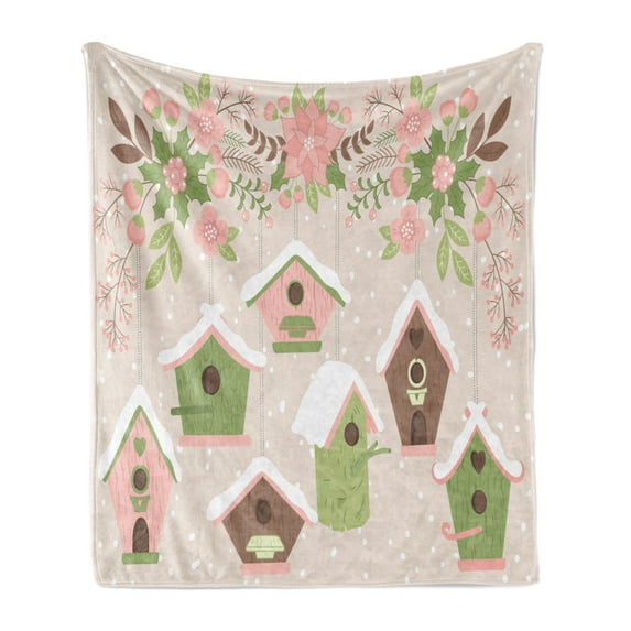 Birdhouse Soft Flannel Fleece Throw Blanket, Pastel Tone Nests Floral Ornaments Covered in Snow, Cozy Plush for Indoor and Outdoor Use, 50" x 60", Multicolor, by Ambesonne