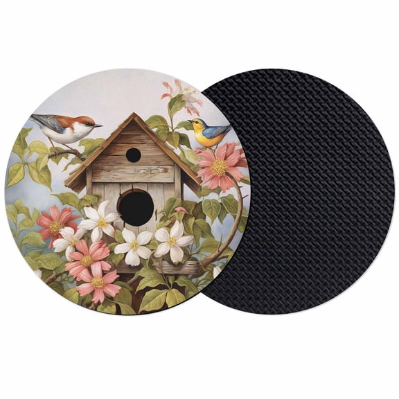 Birdhouse Vintage Coasters Set of 2, Soft Absorbent Coasters for Drinks, Spring Floral Birds Botanical Non-Slip Cup Coaster Mat with Rubber Bottom for Home Kitchen Desk Coffee Bar Table Decor 4"
