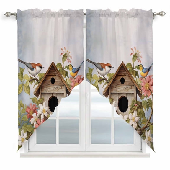 Birdhouse Vintage Kitchen Window Curtains, Swag Curtains Valance for Bedroom Living Room Bathroom, Spring Floral Birds Botanical Rod Pocket Window Treatment Curtain Block Drapes 2 Panels 28"x36"