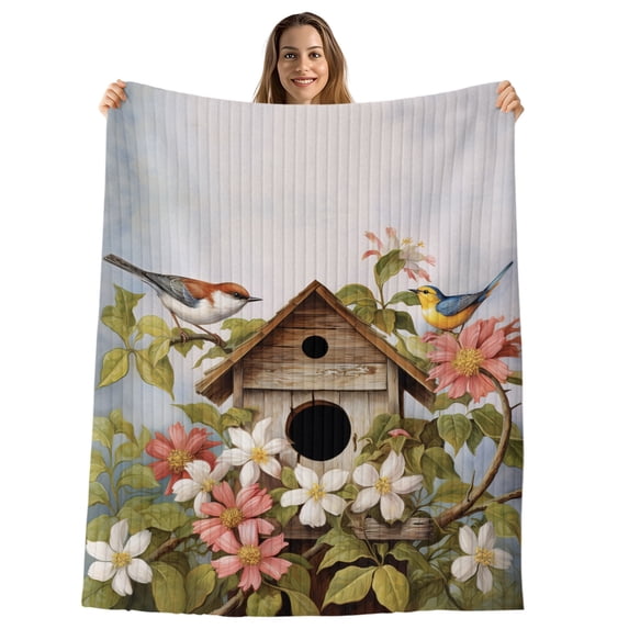Birdhouse Vintage Throw Blanket, Flannel Fleece Blanket with Striped Design for Couch, Spring Floral Birds Botanical Soft Breathable All Season Plush Blankets for Loveseat Sofa Bed 60"x80"