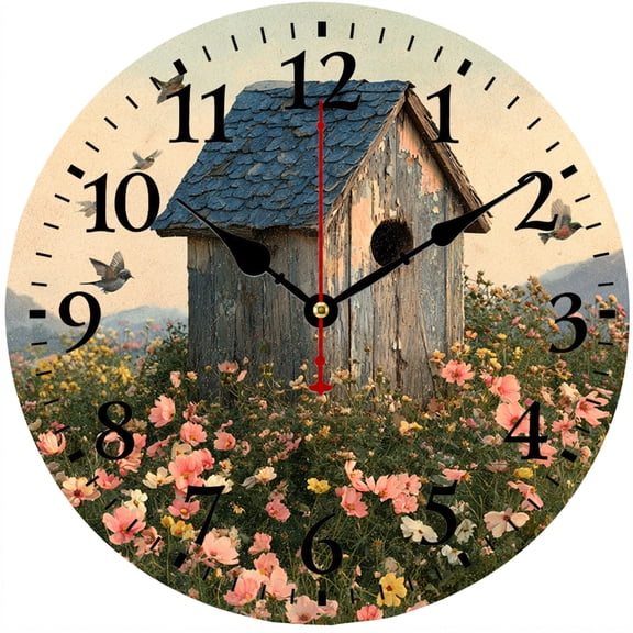 Birdhouse Wall Clock 9.84 Inch, Rustic Farmhouse Wildflower Battery Operated Analog Clock for Kitchen Living Room Bedroom Home Decor