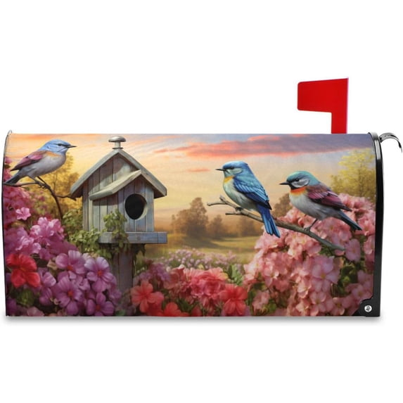 Birdhouses Bird with Spring Flowers Magnetic Mailbox Cover MailWraps Garden Yard Home Decor for Outside Oversized-25.4" x20.8"\u2026