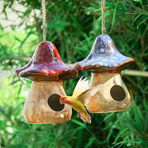 Birdhouses - Hanging Bird House, Set of 2 Bird Houses for Outside, Decorative Mushroom Bird House Blue and Red Ceramic Birdhouses for Wild Birds, Finch, Cardinal, and Bluebird
