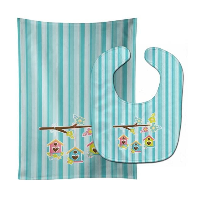 Birdhouses on Blue Stripes Baby Bib & Burp Cloth