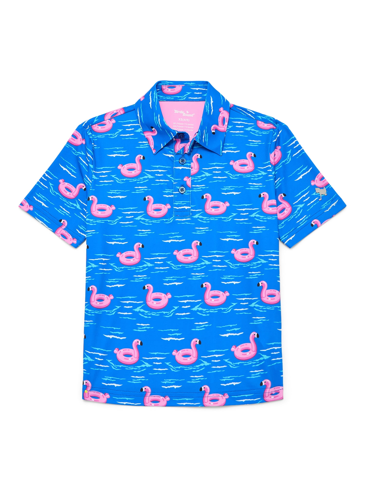 Birdie Bound Boy's Performance Flamingo Floatie Printed Golf Polo Shirt, Sizes XS-XL