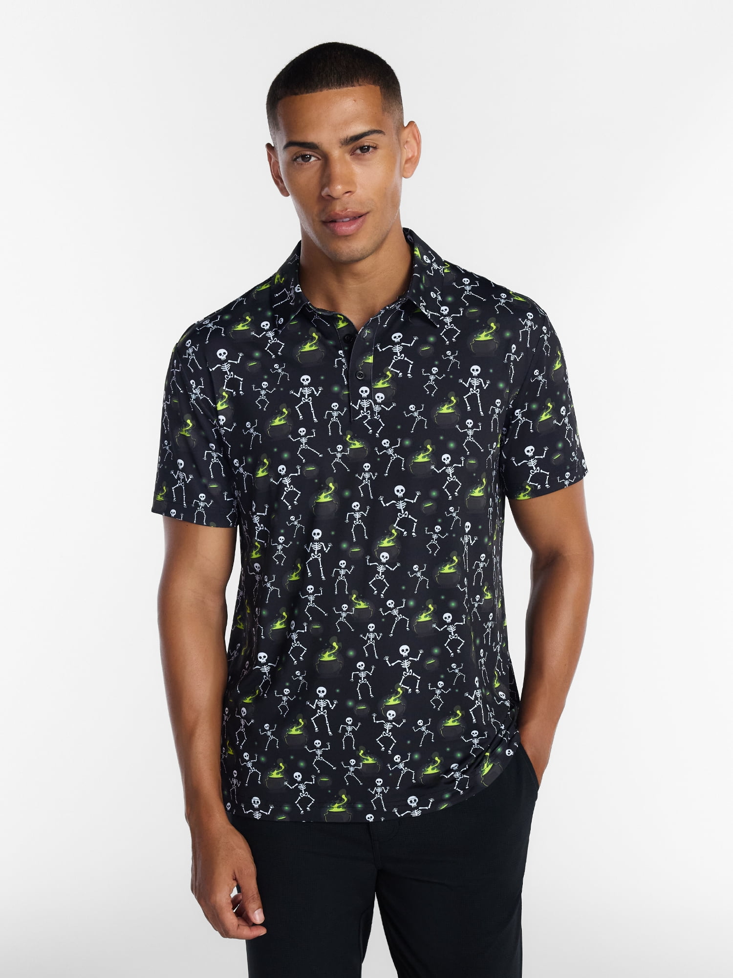 Birdie Bound Halloween Spooky Skeleton Print Golf Polo Shirt, Men's Sizes S-4XLT