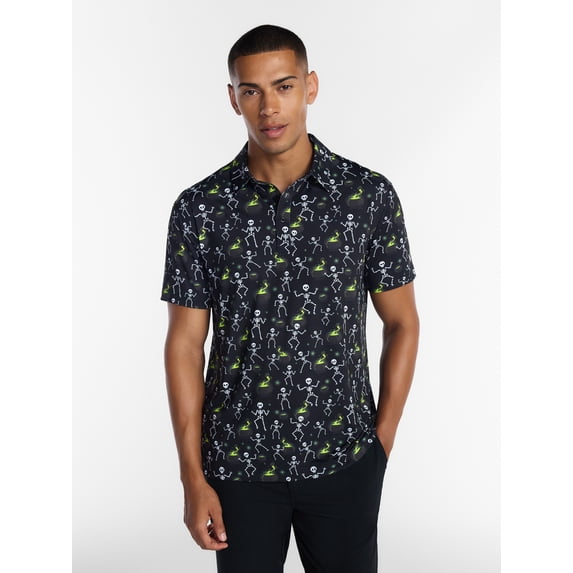 Birdie Bound Halloween Spooky Skeleton Print Golf Polo Shirt, Men's Sizes S-4XLT