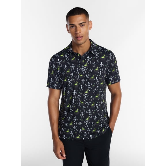Birdie Bound Halloween Spooky Skeleton Print Golf Polo Shirt, Men's Sizes S-4XLT