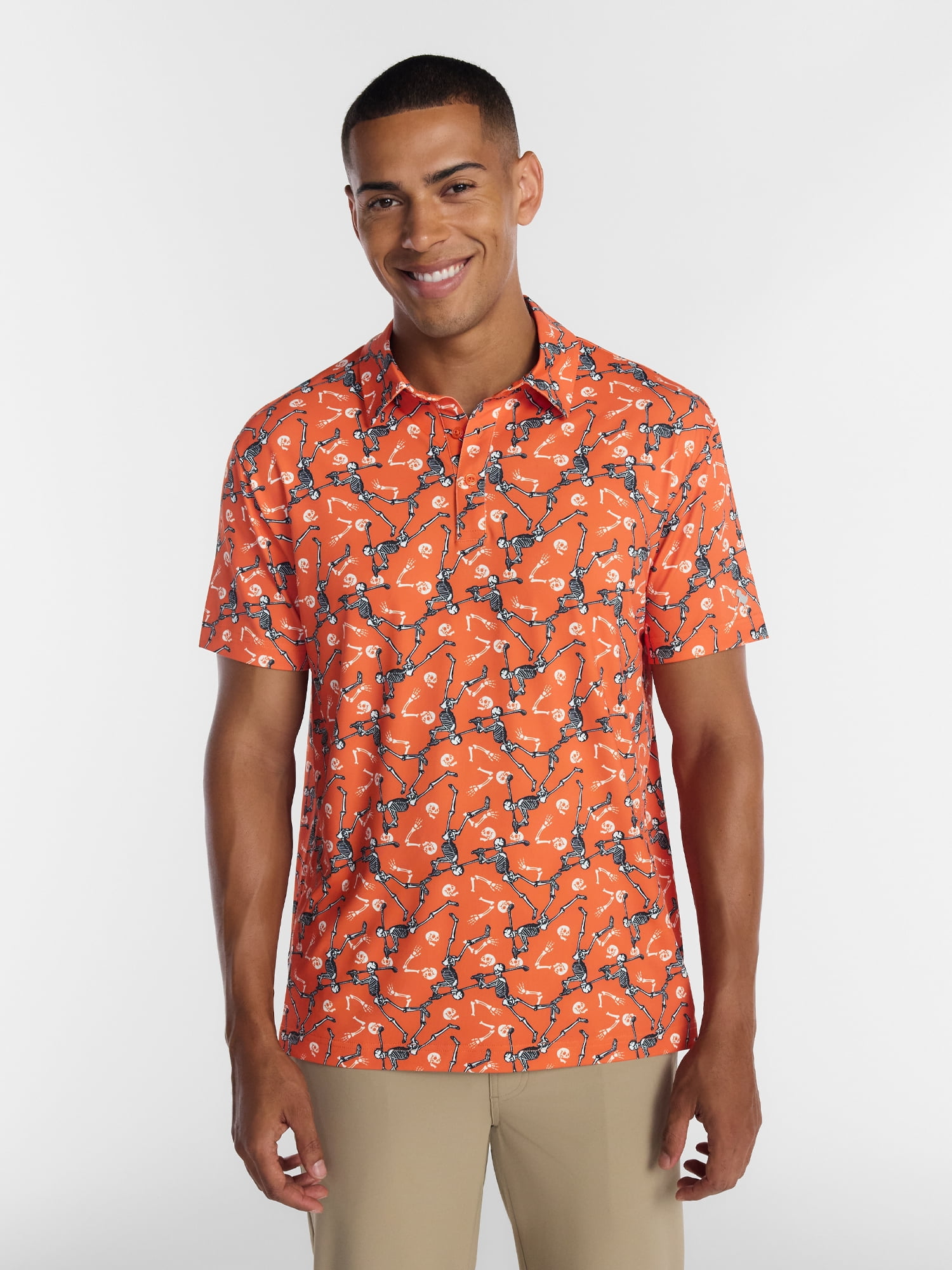 Birdie Bound Halloween Spooky Skeleton Print Golf Polo Shirt, Men's Sizes S-4XLT