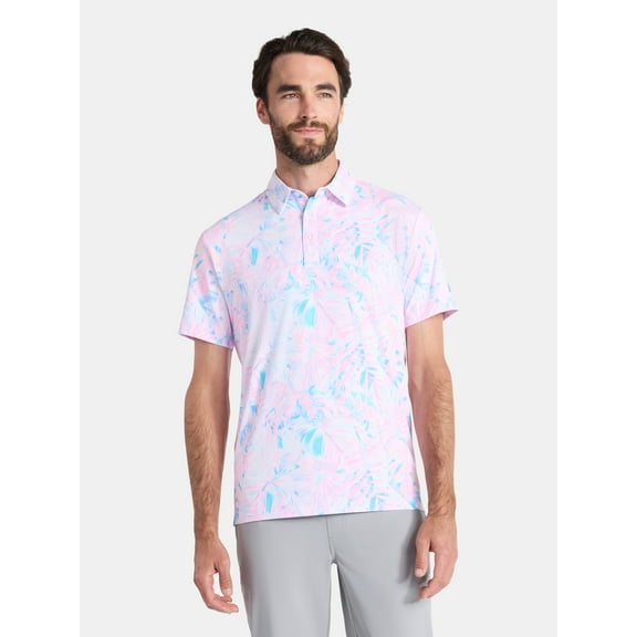 Birdie Bound Men's and Big Men's Pastel Palms Print Polo Golf Shirt, Sizes S-3XL