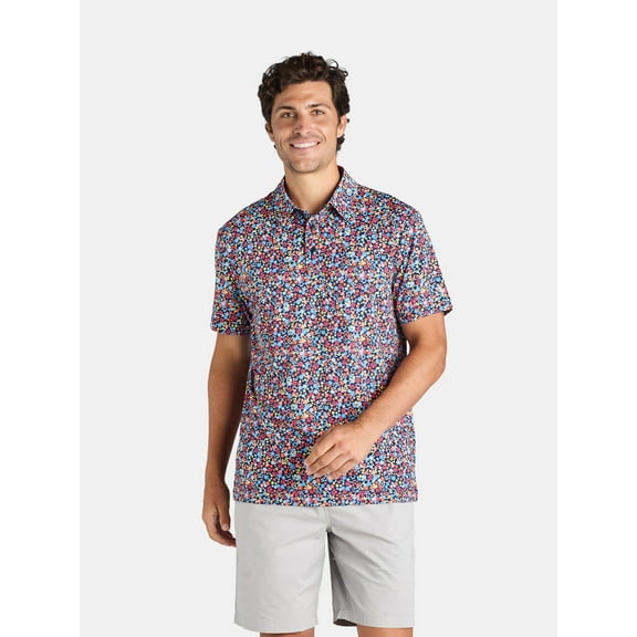 Birdie Bound Men's Ditsy Flower Print Golf Polo Shirt with Short Sleeves, Sizes S-5XL