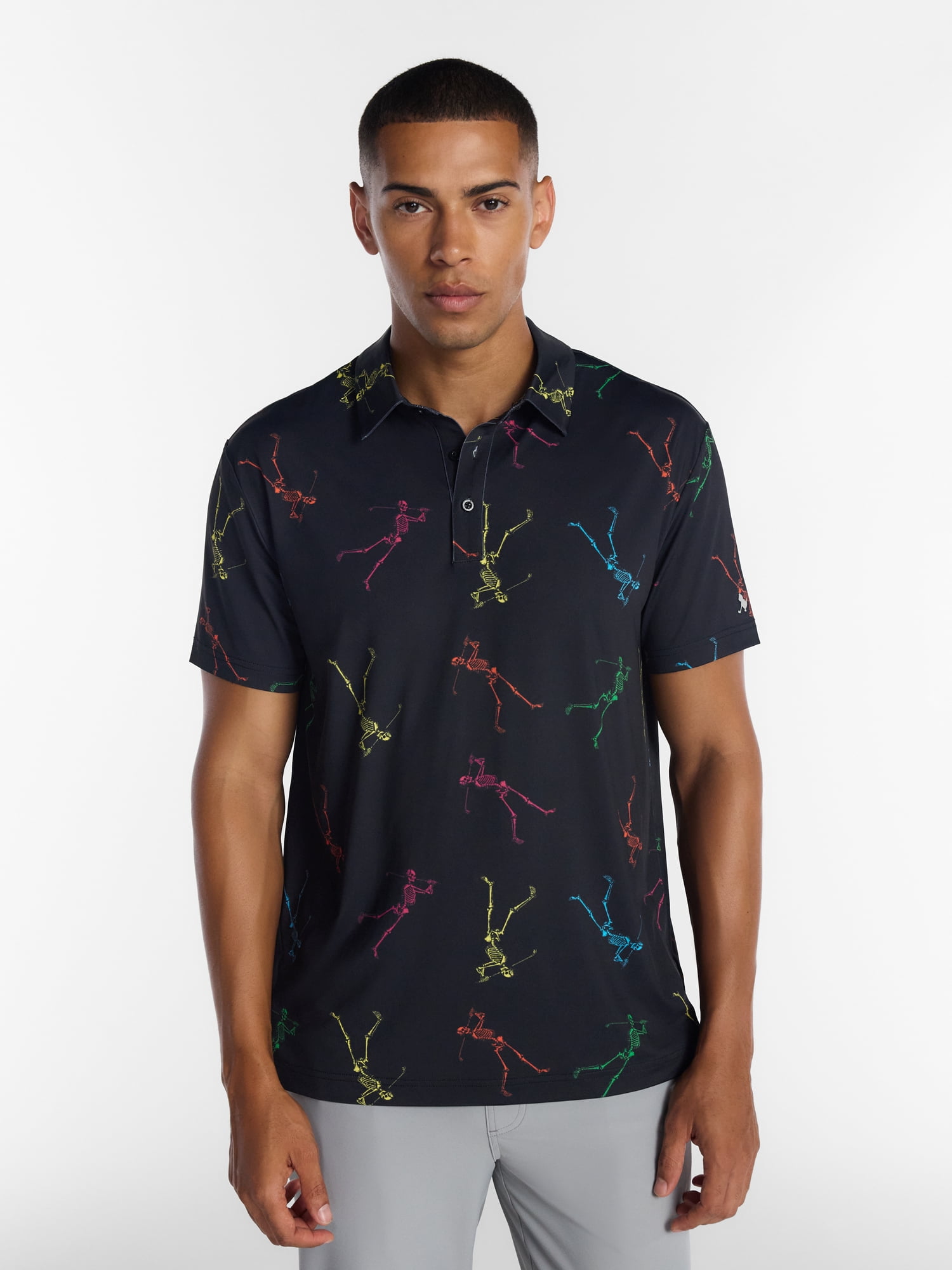 Birdie Bound Halloween Spooky Skeleton Print Golf Polo Shirt, Men's Sizes S-4XLT
