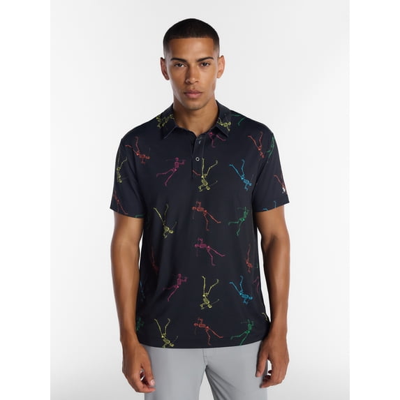 Birdie Bound Halloween Spooky Skeleton Print Golf Polo Shirt, Men's Sizes S-4XLT