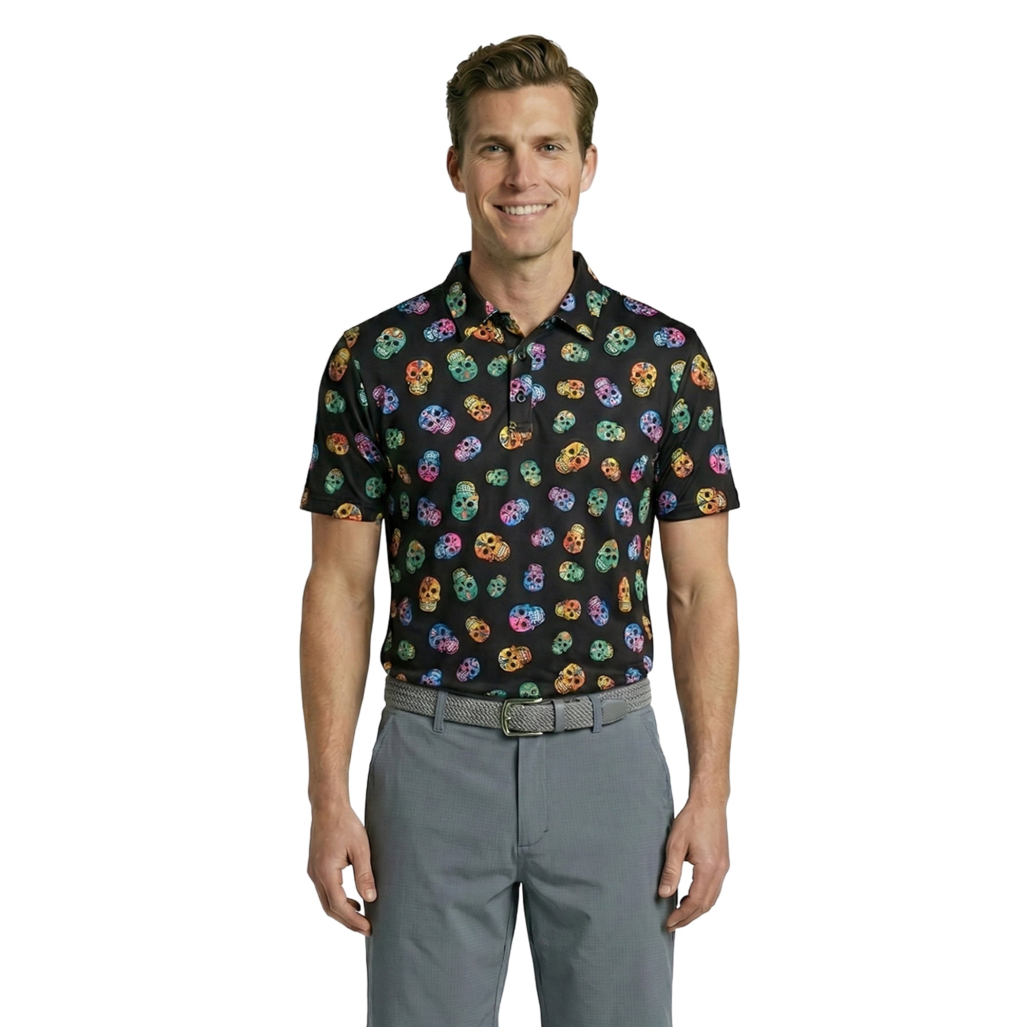 day of the dead dress shirt Birdie Bound Men's & Big & Tall Men's Day of the Dead Print Polo Shirt with Short Sleeves, Sizes Xs-4xlt, Size: Medium, Black