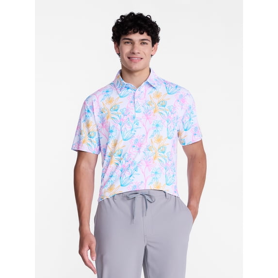 Birdie Bound Men's and Big Men's Flower Line Print Polo Shirt, Sizes XS-4XLT