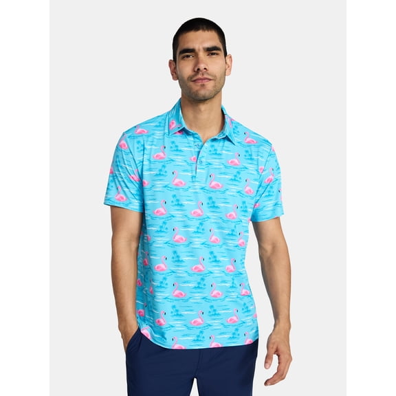Birdie Bound Men's Swimming Flamingo Print Polo Shirt, Sizes S-3XL
