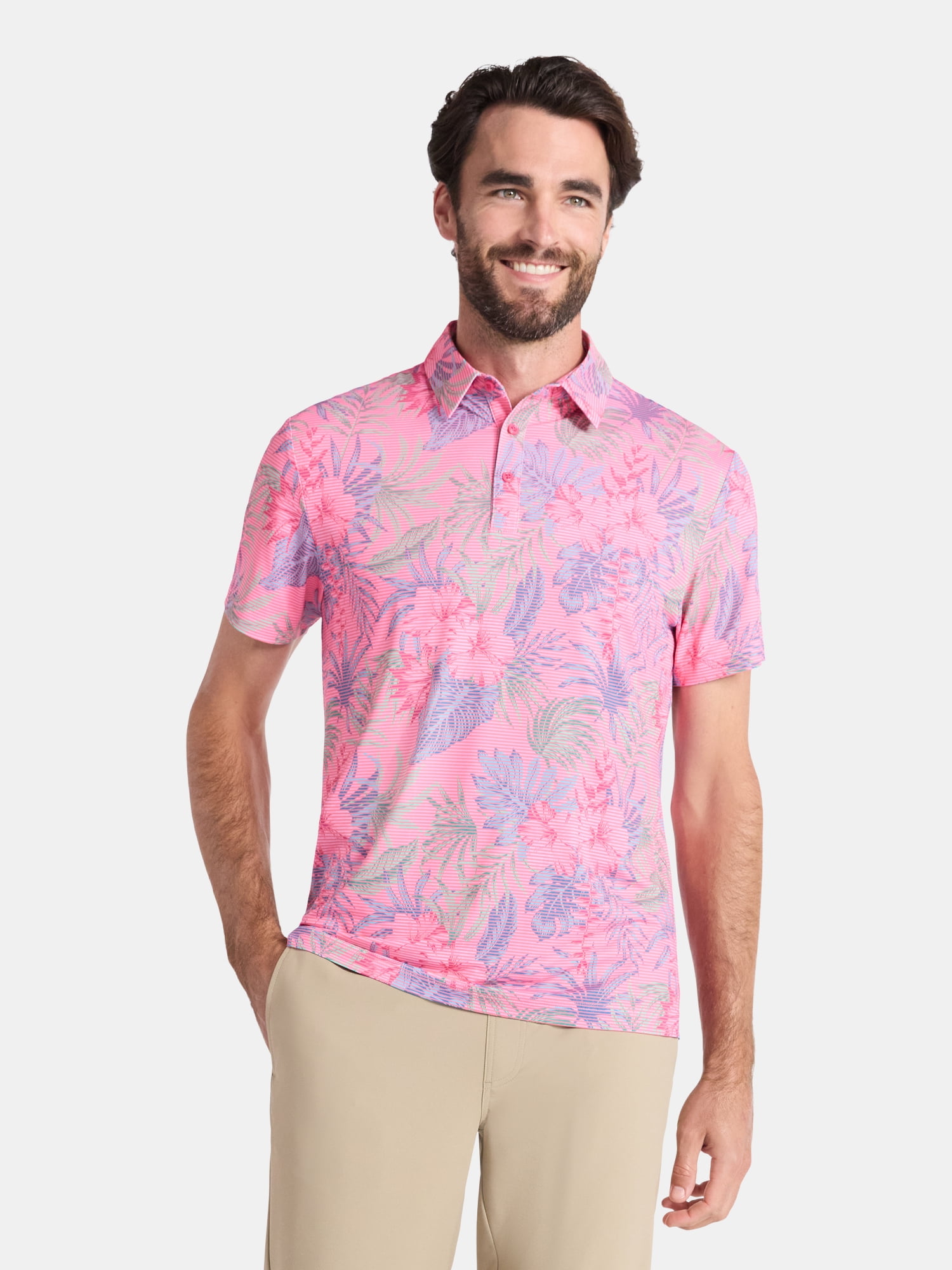 Birdie Bound Men's and Big Men's Tropical Stripes Polo Golf Shirt, Sizes S-5XL