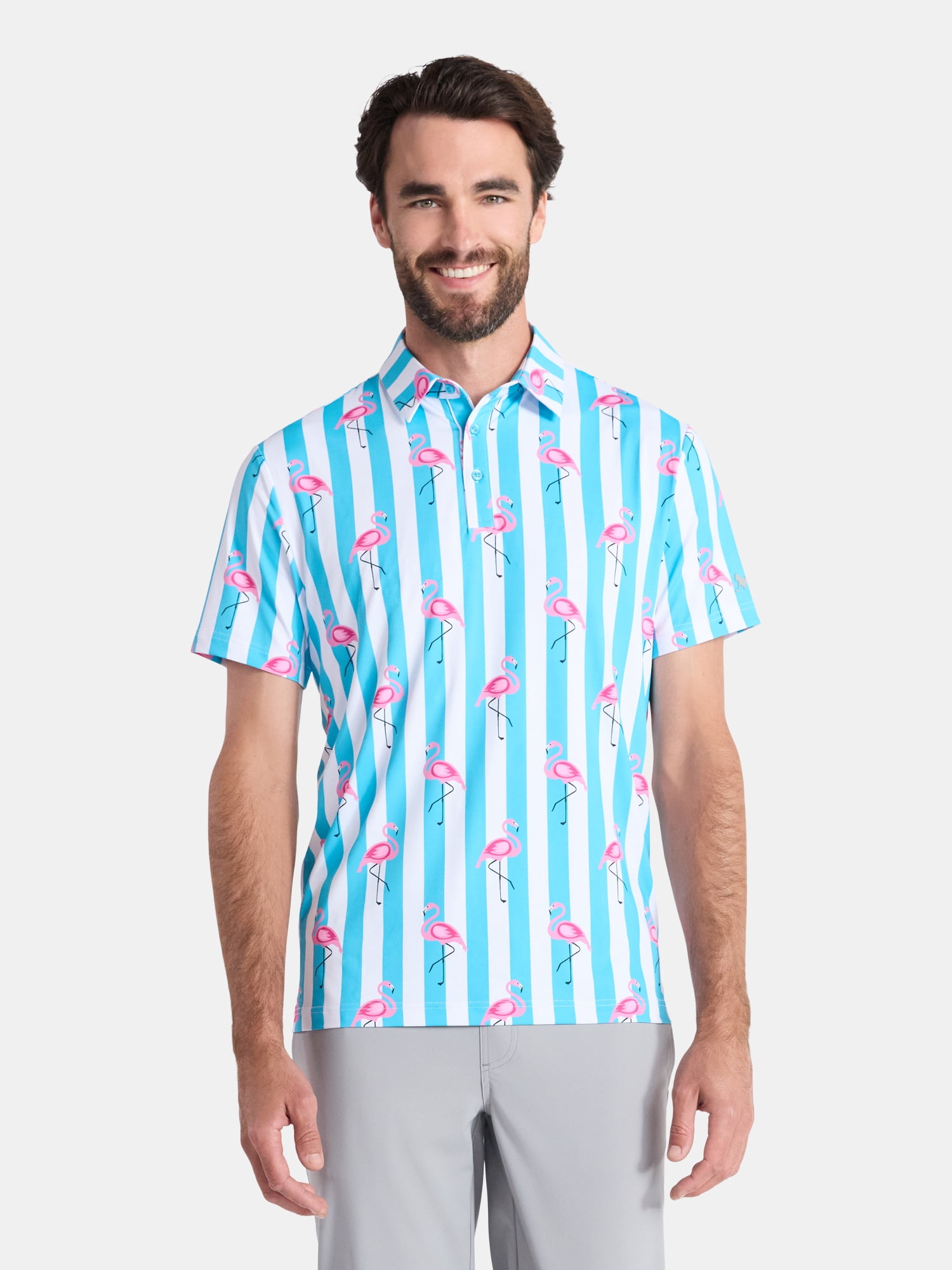 Birdie Bound Men's and Big Men's Flamingo and Stripes Polo Golf Shirt, Sizes S-5XL