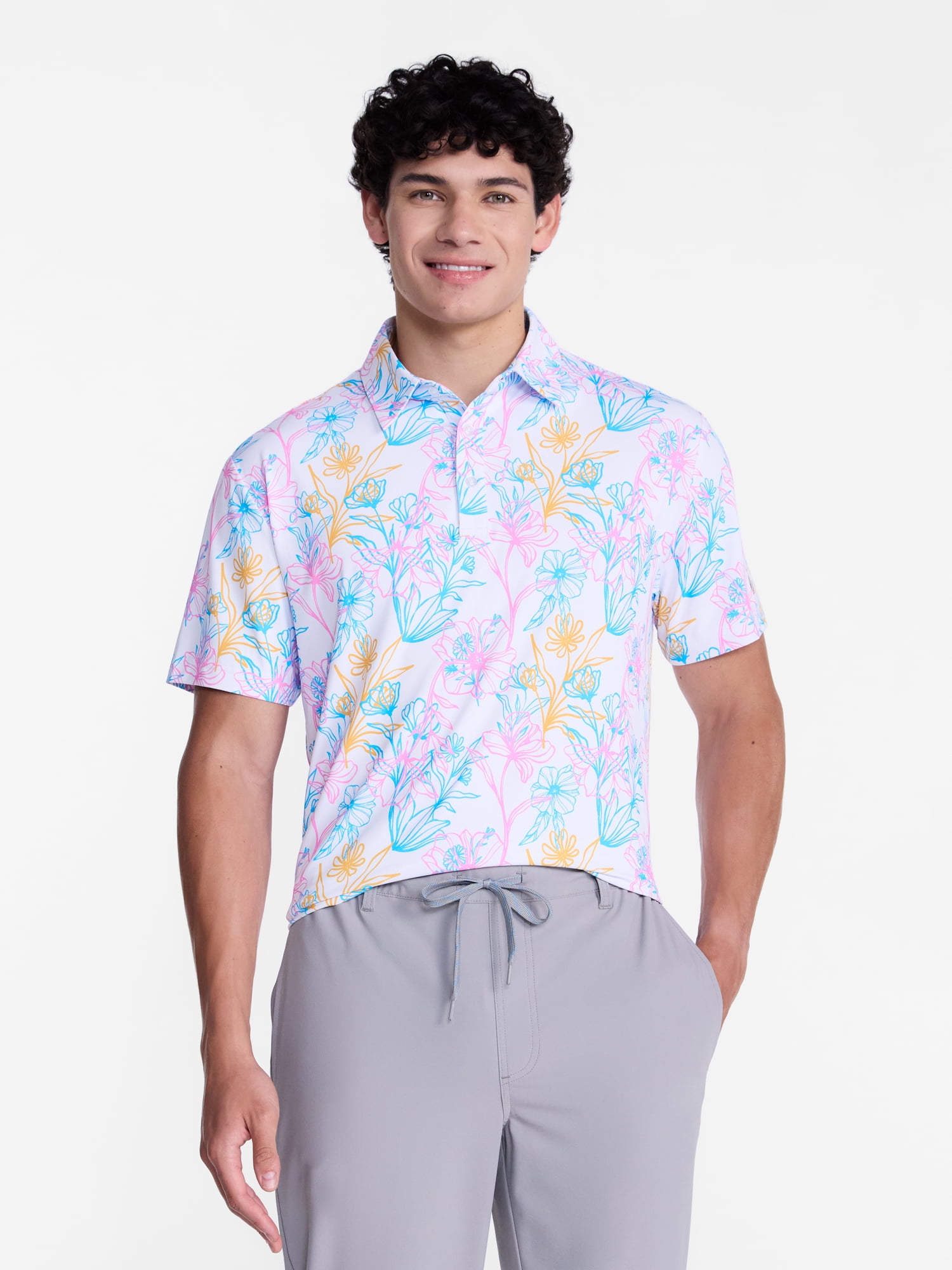 Birdie Bound Men's and Big Men's Flower Line Print Polo Shirt, Sizes XS-4XLT