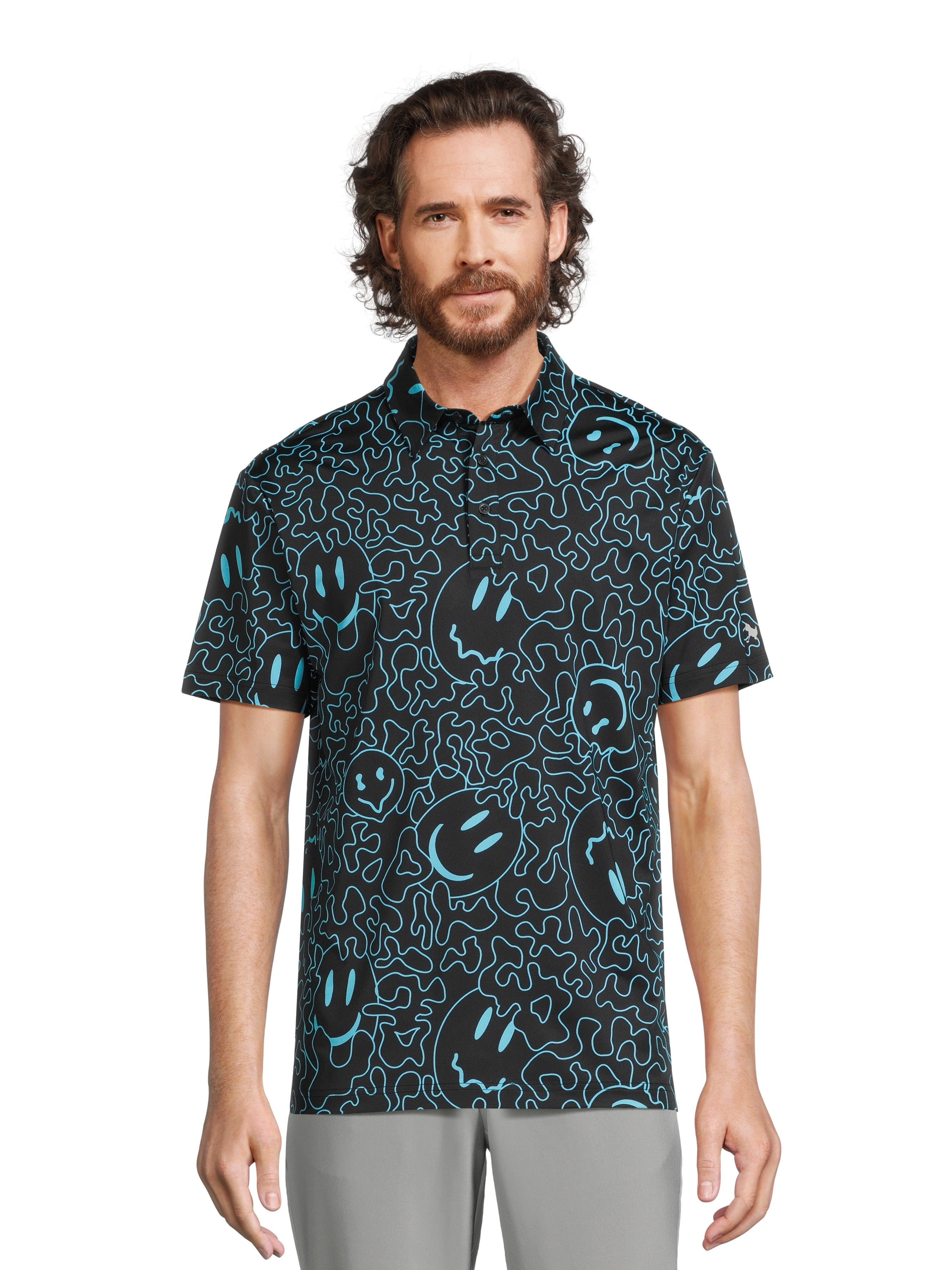 Birdie Bound Men's and Big Men's Graphic Print Groovy Wavy Smile Face Golf Polo Shirt, Sizes S-3XL